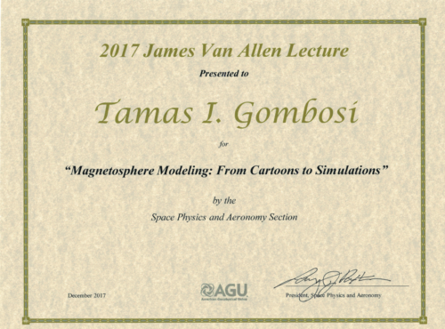 2017 Van Allen Lecture certificate