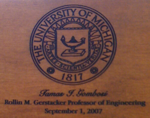 University of Michigan crest with professor Gombosi's name
